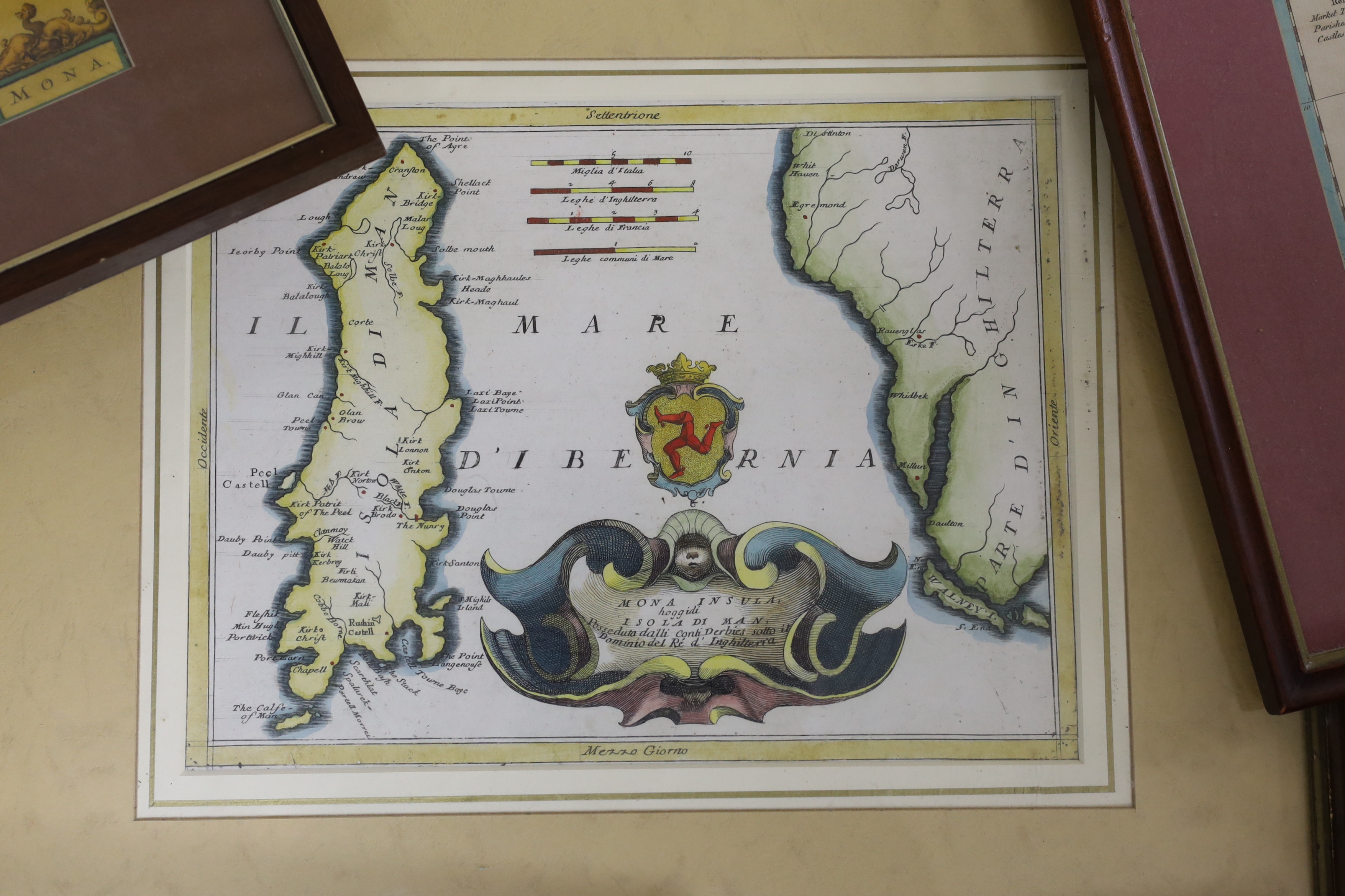 Twelve antique and later maps of the Isle of Man, including examples by John Seller and Thomas Kitchin, mostly hand coloured, largest 30 x 23cm